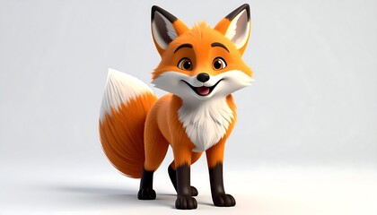Obraz premium Cartoon fox stands smiling, vibrant orange fur, fluffy tail. Black ears and bright eyes against a white background