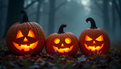 Three carved Halloween pumpkins glowing with candlelight in a spooky forest