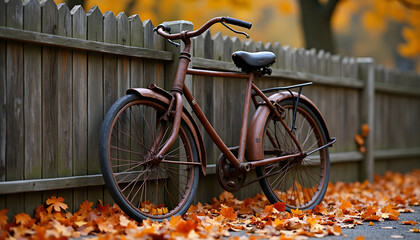Vintage bicycle leaning against a wooden fence in autumn