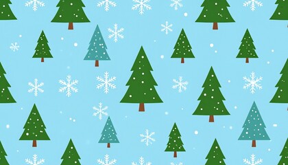 Festive Seamless Winter Holiday Pattern with Green Christmas Trees and Snowflakes on a Light Blue Background, Ideal for Seasonal Designs and Crafts