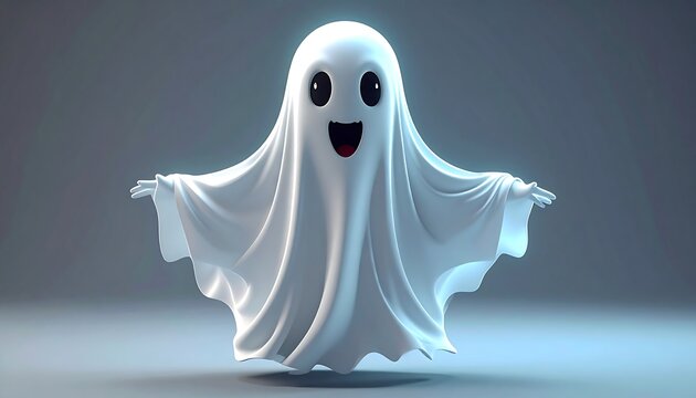 Cartoon ghost with wide eyes and mouth, posing playfully with outstretched arms against a gray backdrop - Powered by Adobe