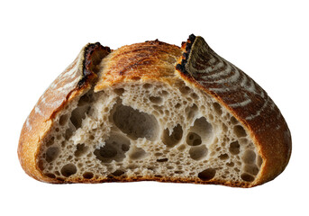 Macro extreme close-up of a rustic artisan sourdough bread loaf, dramatically torn open, golden-brown crust, creamy airy crumb, isolated on transparent background, wisp of steam, dramatic presentation