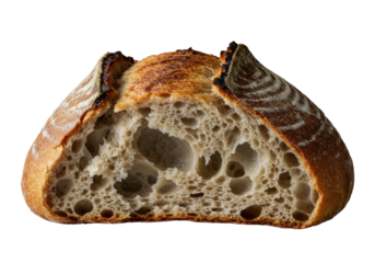Macro extreme close-up of a rustic artisan sourdough bread loaf, dramatically torn open, golden-brown crust, creamy airy crumb, isolated on transparent background, wisp of steam, dramatic presentation