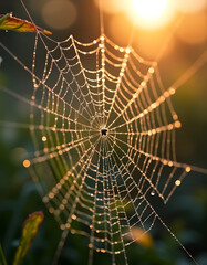 Naklejka premium Spider web glistening in the morning sun with water droplets