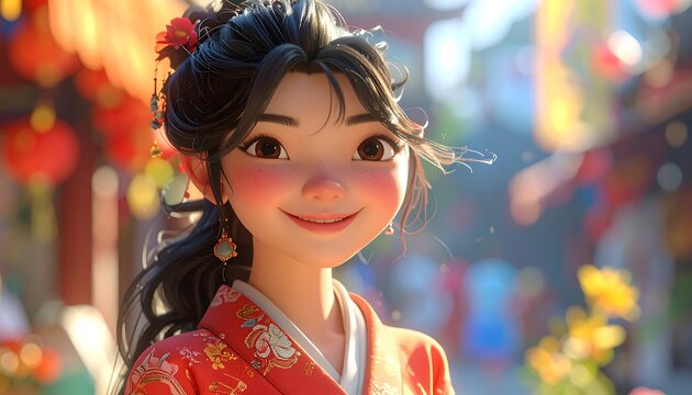 Charming cartoon girl in red patterned kimono, smiling brightly in a festive, bustling town square with red lanterns