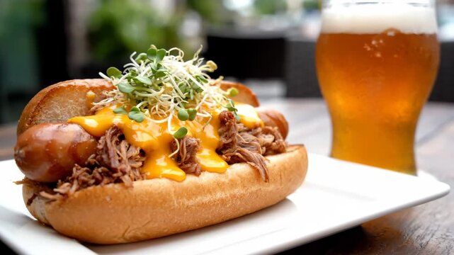 Gourmet Hot Dog with Beer - A close-up shot of a gourmet hot dog topped with pulled pork, cheese, and sprouts, served on a white rectangular plate. A glass of frosty beer is visible in the background.