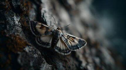 A detailed ro photograph of a patterned moth resting on textured tree bark with a cinematic mood