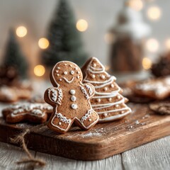 Gingerbread cookies shaped like a cheerful man and festive trees are beautifully arranged on a rustic wooden board, surrounded by twinkling lights and holiday decorations