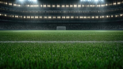 The expansive soccer stadium features a beautifully lit green field, highlighting meticulous details in the stands, evoking excitement for upcoming matches