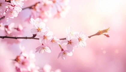 Naklejka premium A delicate branch of blooming cherry blossoms bathed in soft, ethereal sunlight, evoking a sense of springtime beauty and tranquility
