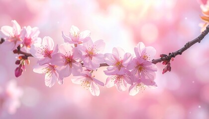 Close-up of delicate pink cherry blossoms on a branch, bathed in soft golden sunlight, with a dreamy bokeh background, symbolizing spring's renewal and natural beauty
