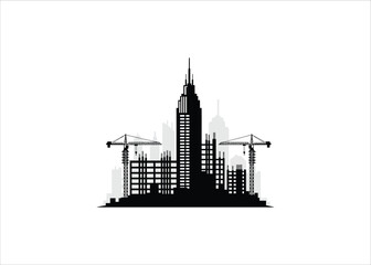 Fototapeta premium Silhouette of a Cityscape with Skyscrapers and Construction Cranes Urban Development Icon