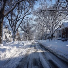 Snow-covered residential street lined with bare trees, showcasing a serene winter landscape, inviting peaceful exploration and tranquility in a snowy environment