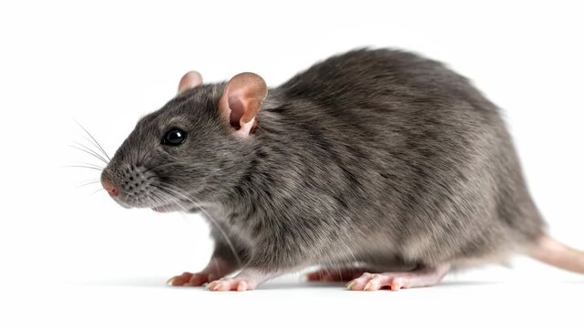 Gray rat close-up on white background - A gray rat stands in profile against a white background, looking alert. The animal features pink paws and nose, long whiskers, and short pink ears.