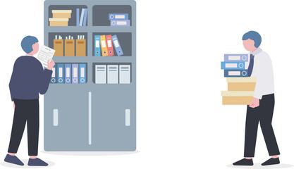 キャビネットに資料をしまう人と書類を運ぶ人