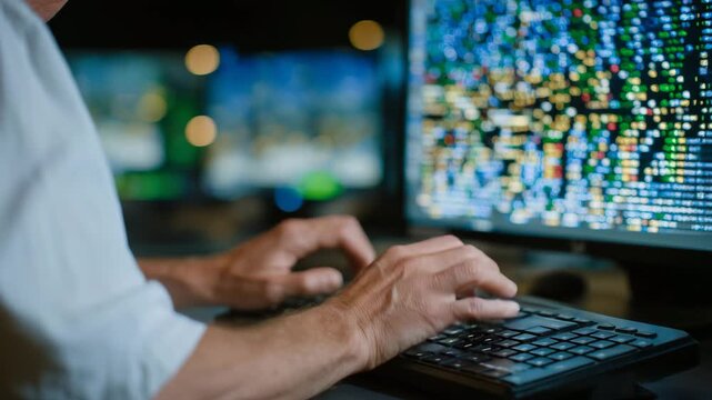 Developer&rsquo;s hands using accessibility tools to code, keyboard and braille device detailed, monitor in background showing green and red test indicators softly out of focus