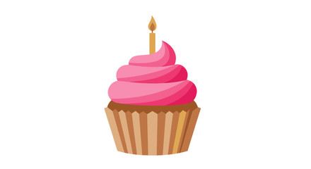 Delicious Pink Frosted Cupcake with Lit Birthday Candle.