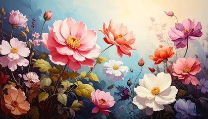 Colorful flowers with leaves against a soft blue-to-yellow gradient background create a serene, vibrant, painterly scene