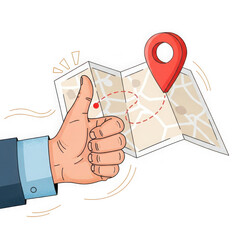Hand gestures thumbs up symbol with map and location pin for navigation success and approval isolated on transparent background