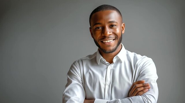 Portrait of a young smiling African American man looking at the camera with his arms crossed, happy man standing successful businessman, isolated on transparent background, under s