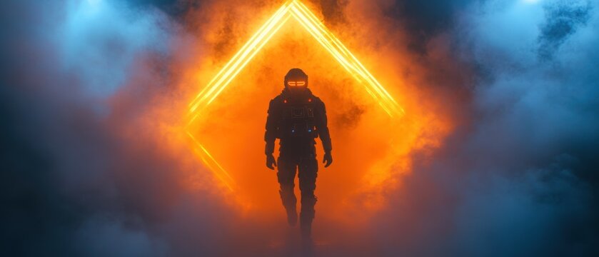 Futuristic astronaut walking through glowing neon frame in smoky atmosphere
