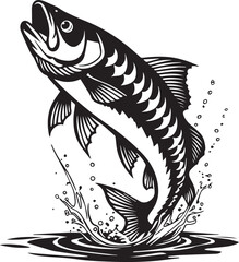 Dynamic black and white jumping fish illustration with splashing water effect