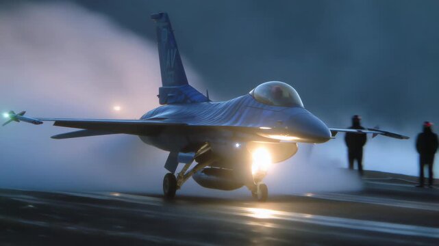 F-16 landing on carrier deck, jet lights piercing midnight fog, crew members in silhouette guiding with wands, deck glistening from sea spray