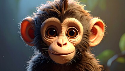 Cute, cartoonish baby monkey headshot with detailed fur and big eyes, against a blurry, natural green background