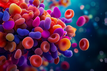 A close up of a bunch of colorful blood cells