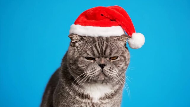 Grumpy Cat Wearing Santa Hat - A gray tabby Scottish Fold cat looks directly at the camera with a grumpy expression, wearing a red Santa Claus hat. The background is a solid bright blue.