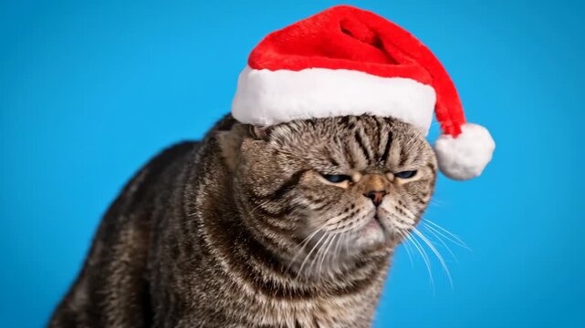 Grumpy Cat Wearing a Santa Hat - A tabby Scottish Fold cat with bright blue eyes looks grumpy while wearing a red and white Santa hat. The cat is set against a bright blue background.