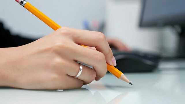 anxiety feeling. close-up of female hands with pencil. office worker quickly and nervously taps yellow pencil on table. stressful and difficult work in office. desicion maker