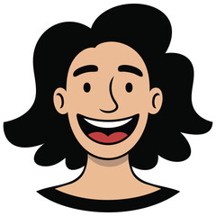  Cheerful cartoon woman with long dark hair and open mouth smiling