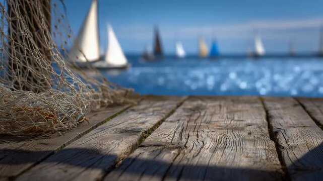 Fishing nets folded neatly on the edge of a sunlit pier, wooden texture rich with cracks, horizon dotted with white sails and shimmering sea