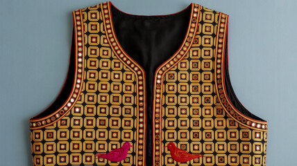 Yellow and Black Embroidered Vest with Square Mirror Work and Red Bird Motifs traditional clothing