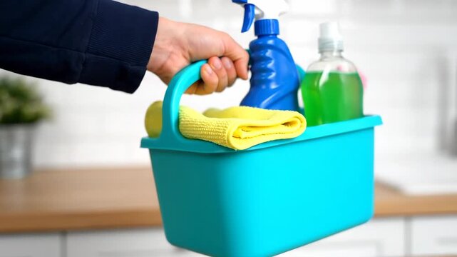 Cleaning Supplies Caddy - A person holds a blue caddy filled with cleaning supplies. The caddy contains a blue spray bottle, a clear spray bottle with green liquid, a yellow cleaning cloth, and a