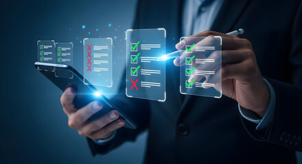 Interactive Mobile Checklist &mdash; Businessman Tapping Floating Task and Approval Panels