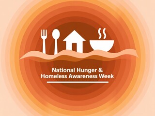 National hunger and homelessness awareness week graphic with icons of house fork spoon and steaming bowl of food