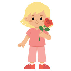  Young girl smelling the fragrance of a red rose flower