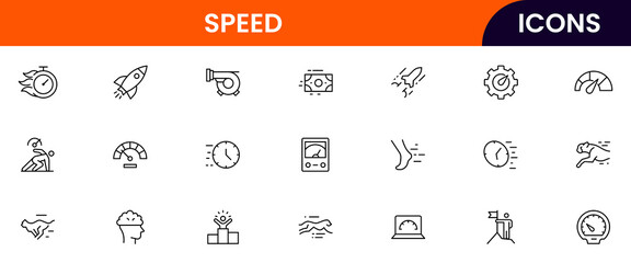 Speed vector web line icon collection, sleek illustrations of velocity, timers, dashes, high-energy designs.