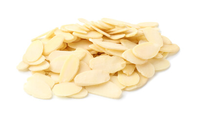 Pile of fresh almond flakes isolated on white