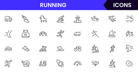 Running vector web line icon collection, sleek illustrations of shoes, tracks, fitness, speed for dynamic, active, athletic designs.