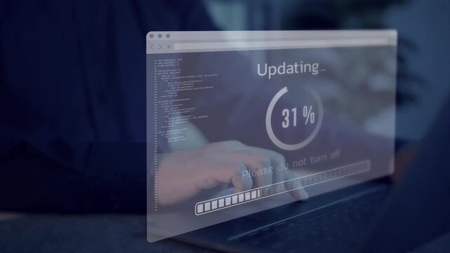 Firmware, Software, or Operating System update. Hand using computer with an increasing percent progress bar screen. Installing software application, new patch, hardware upgrade, technology concept.