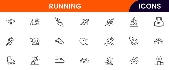 Running vector web line icon collection, sleek illustrations of shoes, tracks, fitness, speed for dynamic, active, athletic designs.