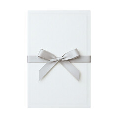 Elegant white invitation card with a silver ribbon bow