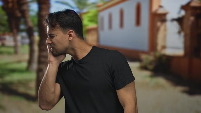 Young hispanic man in a park listening intently with palm trees and building in the background under a clear sky, wearing a black shirt.