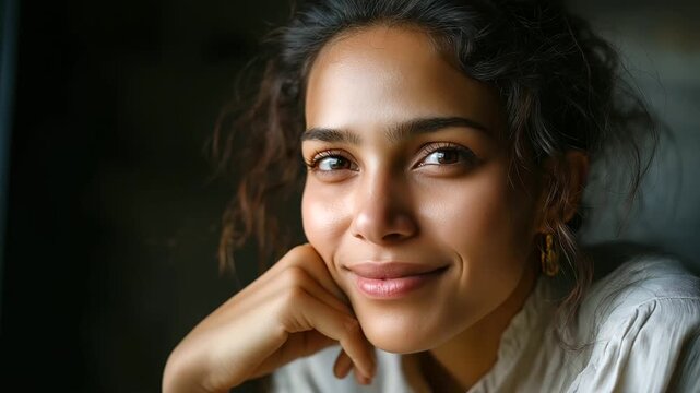 Positive young casual woman looking at camera, under gentle studio light, highlighting warm expression and relaxed pose, serene portrait scene, calm casual lighting, with copy spac