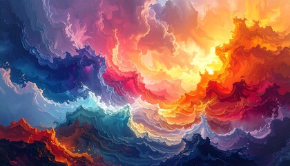 Abstract artwork features swirling clouds of blue, orange, red, and pink against a bright sky background