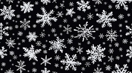 The design features an array of 3D embossed clay snowflakes arranged seamlessly on a dark gray background, highlighting their intricate patterns and textures SEAMLESS PATTERN