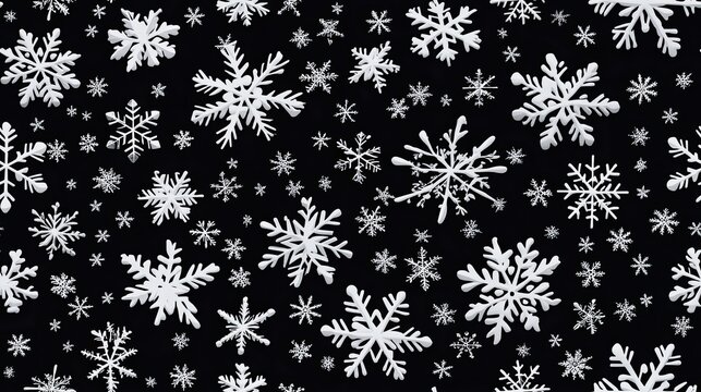 The design features an array of 3D embossed clay snowflakes arranged seamlessly on a dark gray background, highlighting their intricate patterns and textures SEAMLESS PATTERN - Powered by Adobe